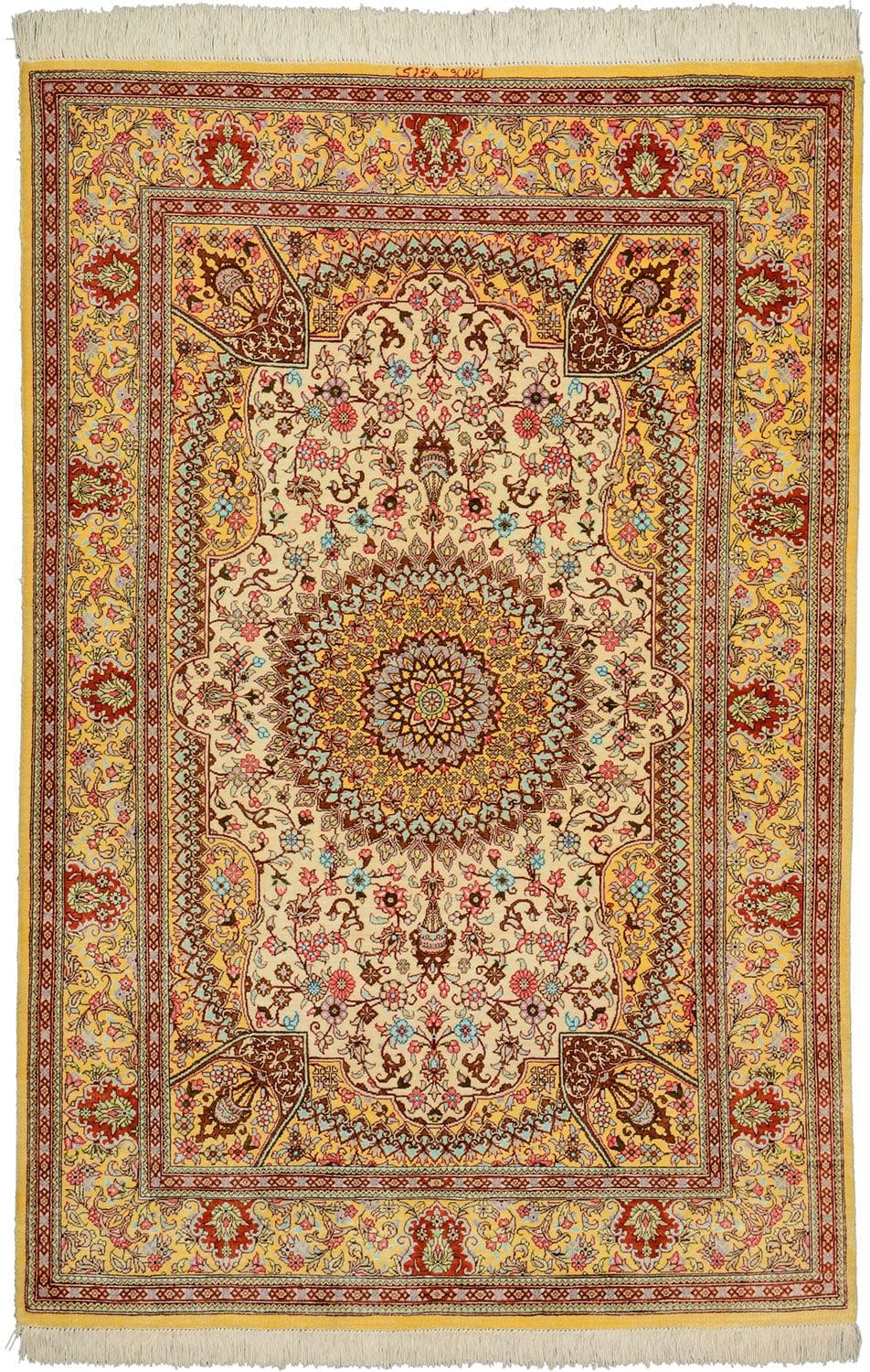 Ghom Teppich 102 x 151 cm, Seide, handgeknüpft, Perserteppich