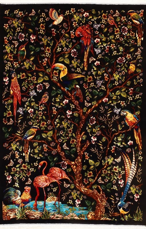 Ghom Teppich 150x101 cm, schwarz mit Baum- und Vogel-Muster, handgeknüpft