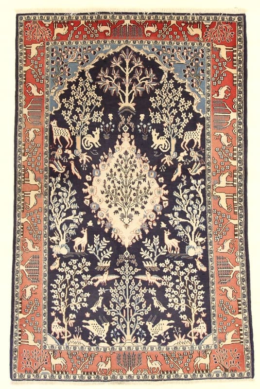 Ghom Teppich 202x131 cm, marineblau, mit Tier-Muster, handgeknüpft