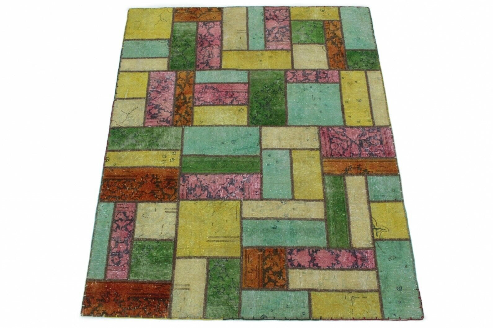 Handgearbeiteter Patchwork Orientteppich 202x151cm beige türkis pink