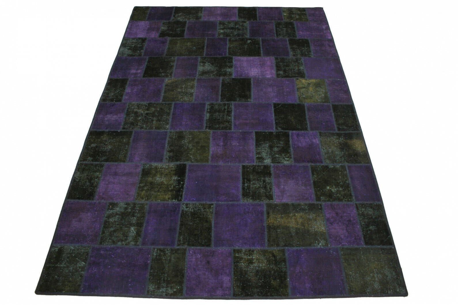Handgearbeiteter Patchwork Orientteppich 310x201cm lila, oliv, handgeknüpft