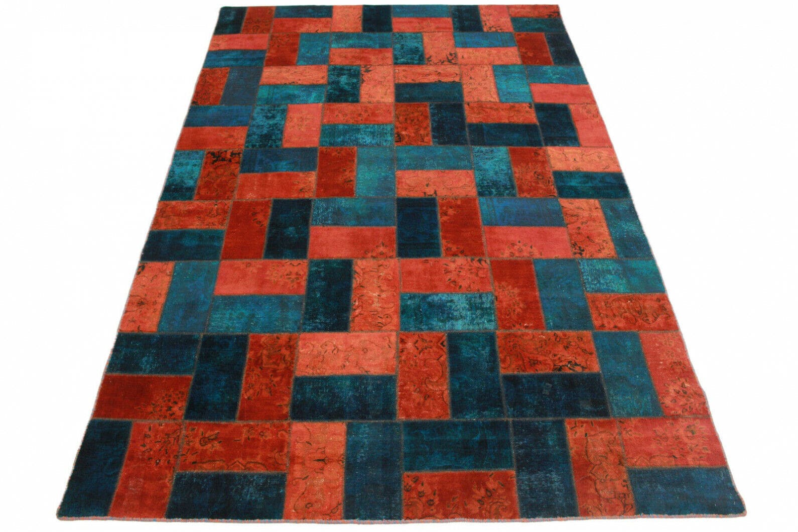 Handgearbeiteter Patchwork Orientteppich 367x241cm rot blau türkis