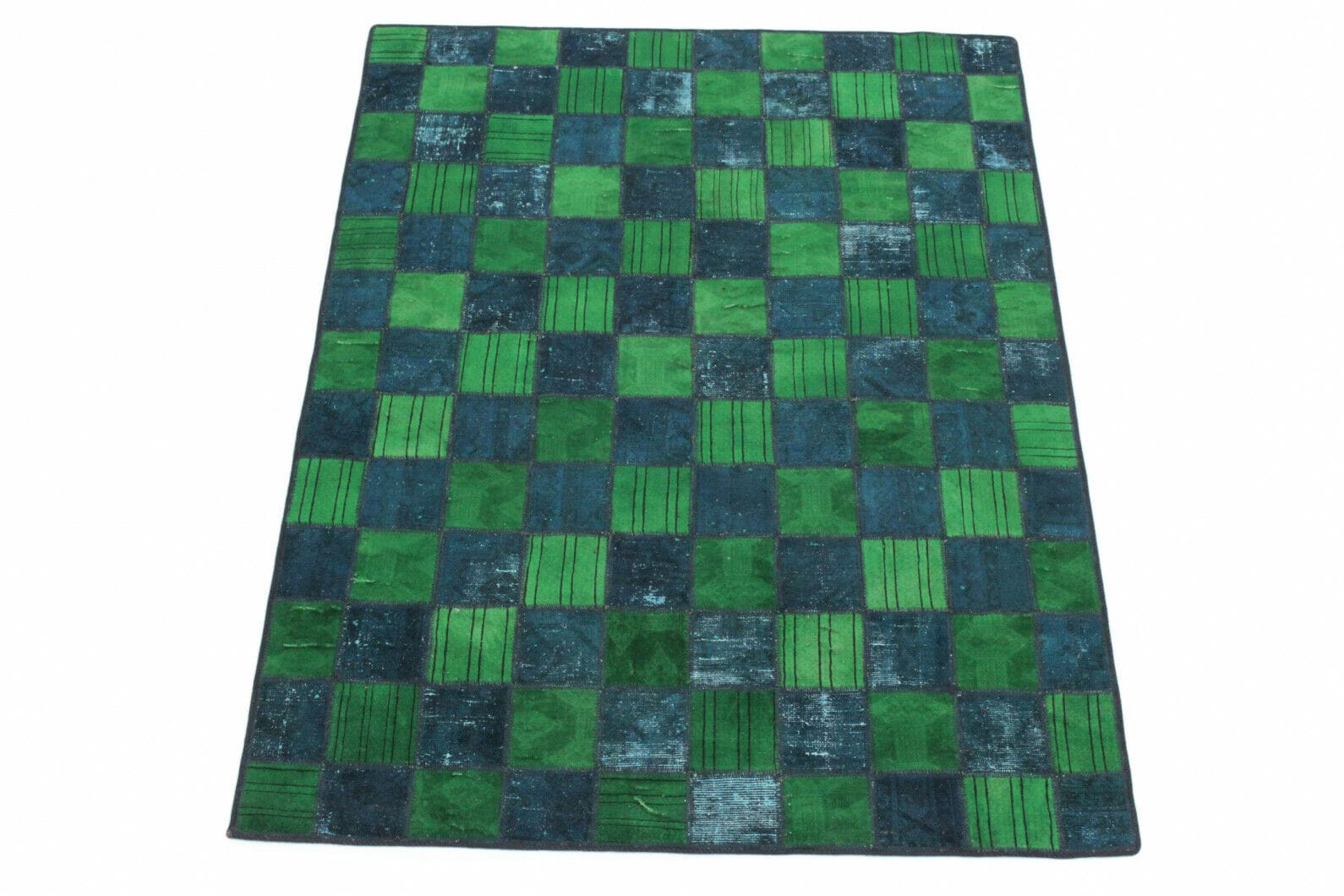 Handgearbeiteter Patchwork Teppich 197x151cm grün-türkis, handgeknüpft