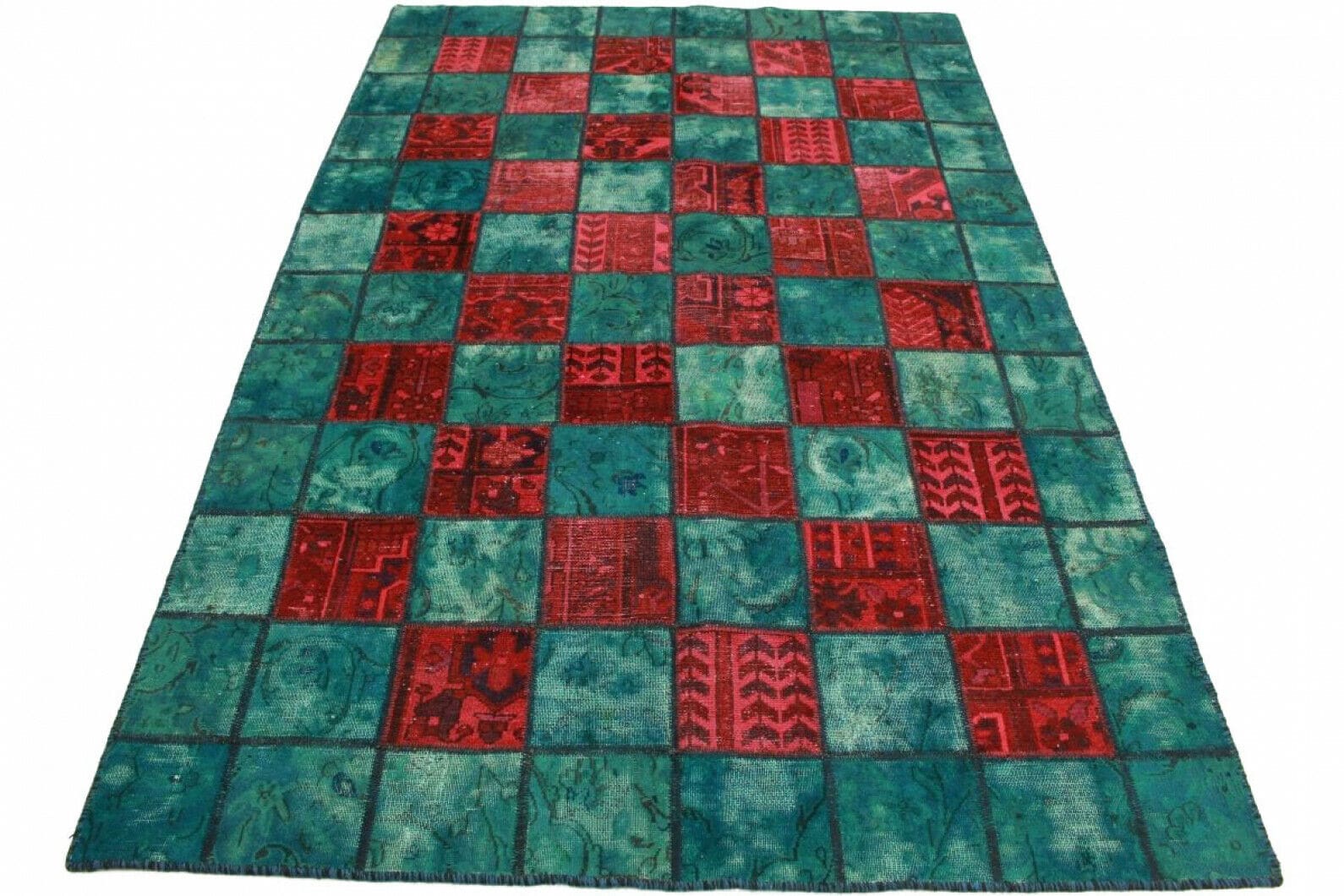 Handgearbeiteter Patchwork Teppich 242x157cm rot blau, einzigartig, handgeknüpft