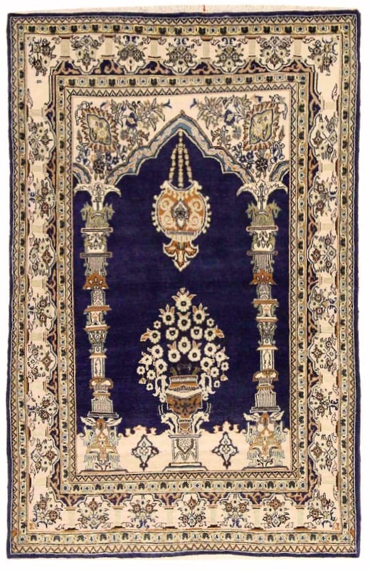 Handgeknüpfter Ghom Teppich 171x109 cm – Dunkelblau, Mihrab-Muster