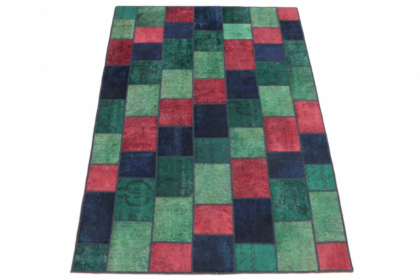 Handgeknüpfter Patchwork Orientteppich 250x171 cm in Rot-Grün-Türkis-Blau