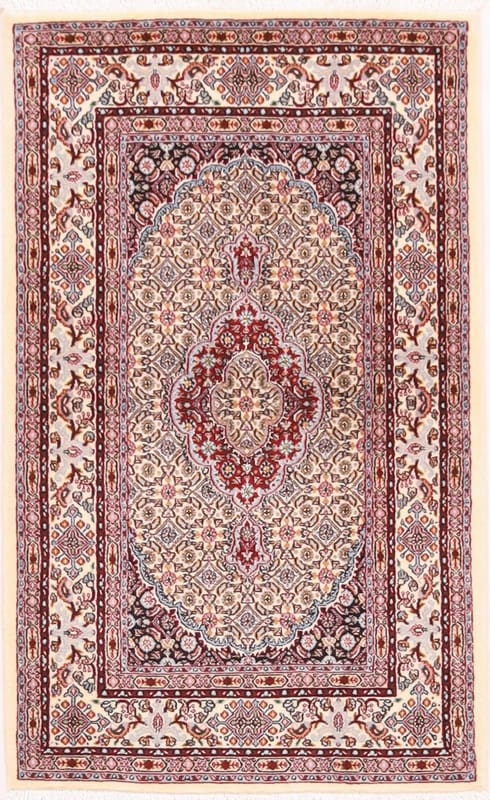 Hochwertiger Moud-Teppich 131x80 cm mit Medaillon-Muster, handgeknüpft