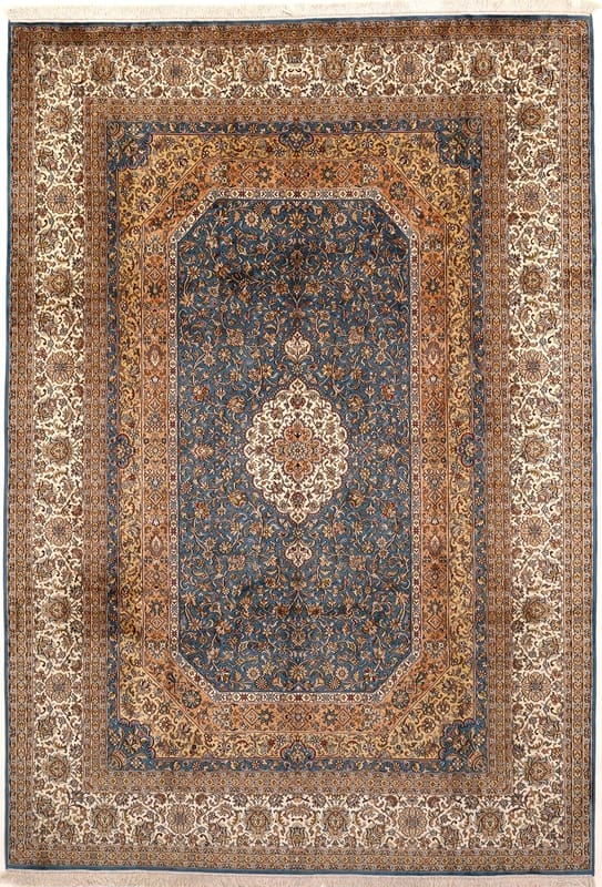 Kaschmir Seidenteppich 312x216 cm, blaues Bergamotte-Muster, handgeknüpft