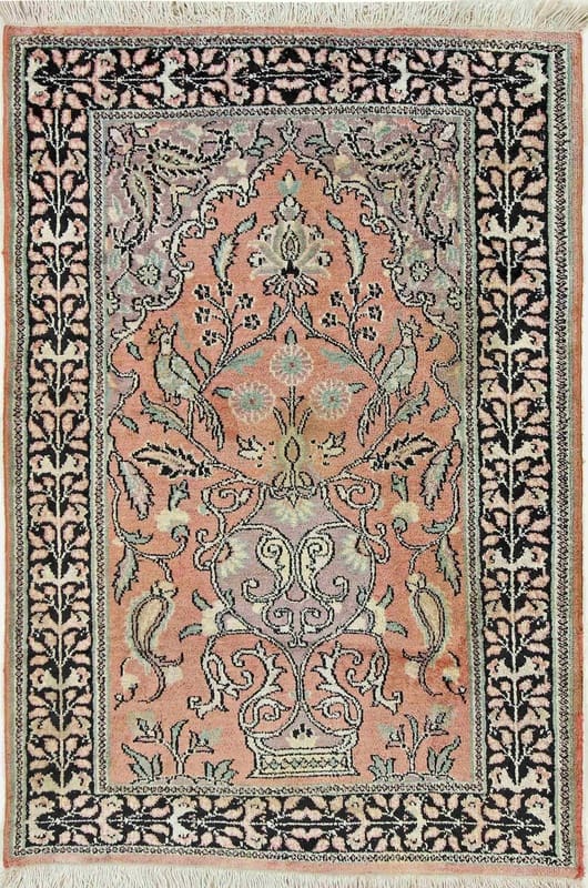 Kaschmir Seidenteppich 97x64 cm, orientalisches Design, handgeknüpft