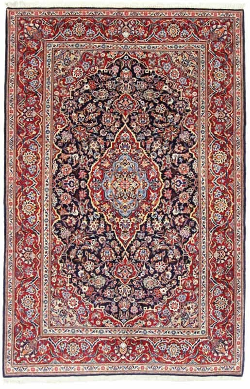 Kashan-Teppich 220x141 cm, Marineblau-Rot, handgeknüpft