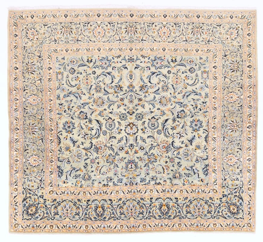 Kashan Teppich 249x227 cm, Hellgrün, Wolle, handgeknüpft, Perserteppich