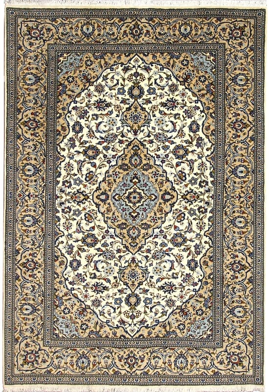 Kashan Teppich 299x204 cm - Cremefarbener Perserteppich, handgeknüpft