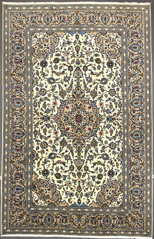 Kashan Teppich 305x198 cm - Creme mit grauem Rand, handgeknüpft
