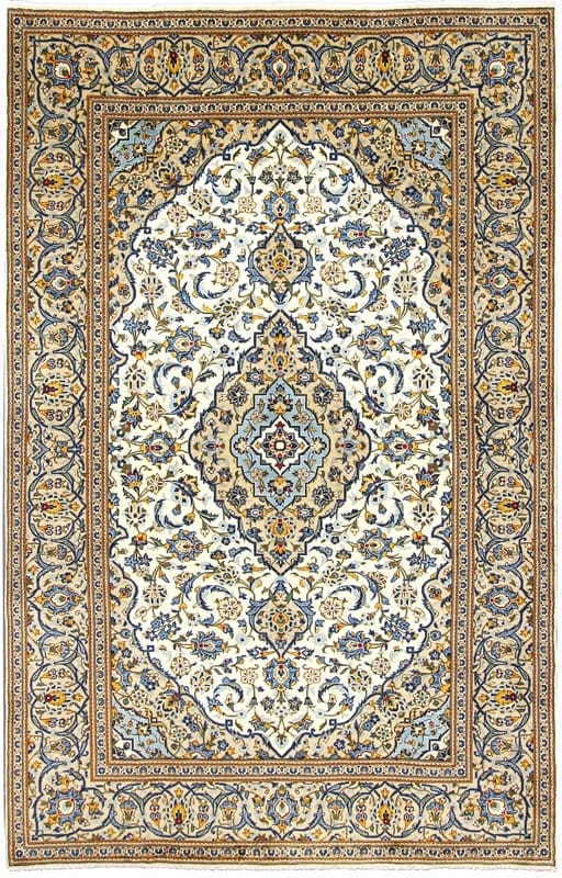 Kashan Teppich 314x201 cm, cremefarben mit Blumenmuster, handgeknüpft
