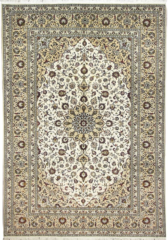 Kashan Teppich 352x243 cm, cremefarben, geometrisches Muster, handgeknüpft