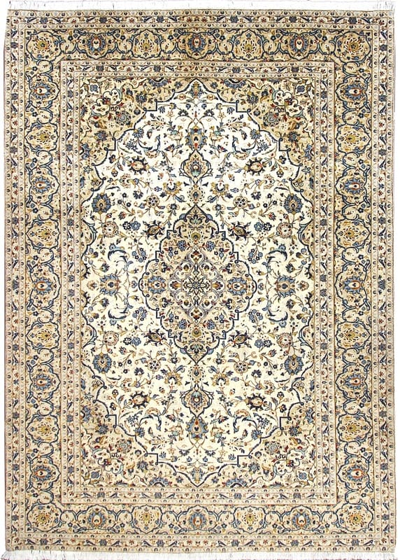Kashan Teppich 358x248 cm, cremefarben, stilvolles Design, handgeknüpft