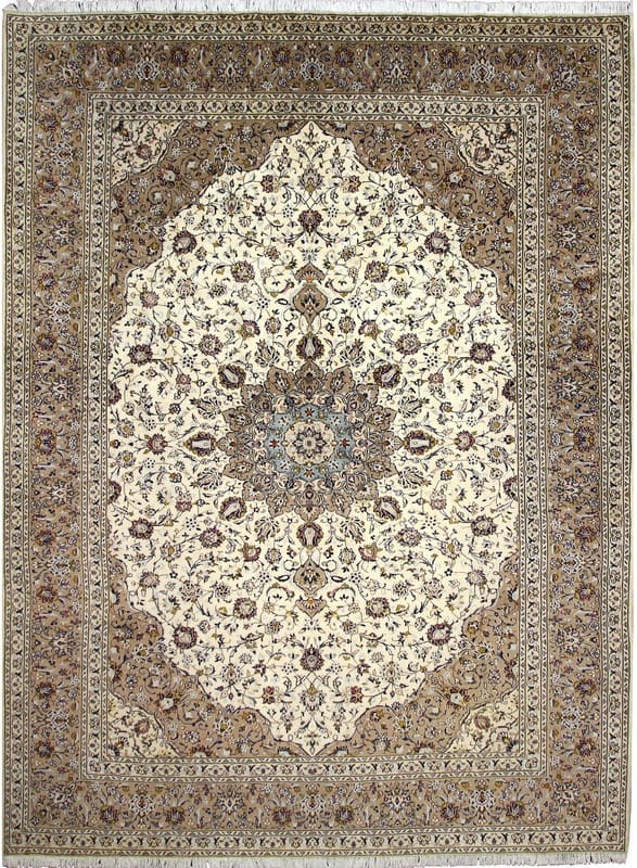 Kashan Teppich 402x299 cm, cremefarben, handgeknüpft, Orientteppich