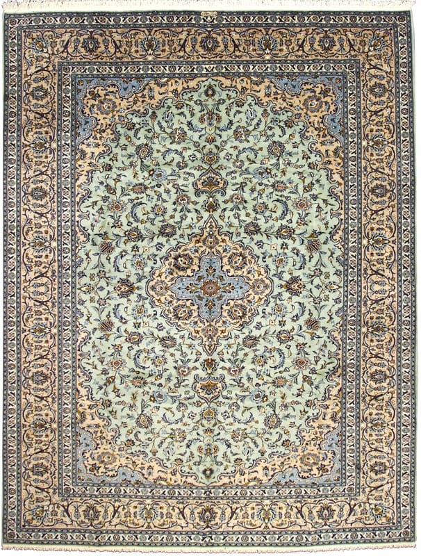 Kashan Teppich 404x316 cm, hellgrün, handgeknüpft, Orientteppich