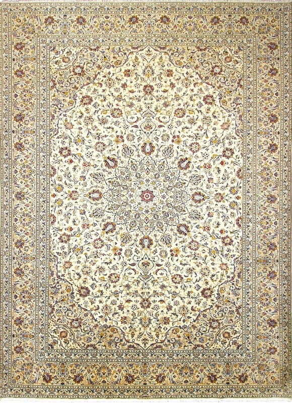 Kashan-Teppich 415x299 cm, cremefarben, handgeknüpft, Perserteppich