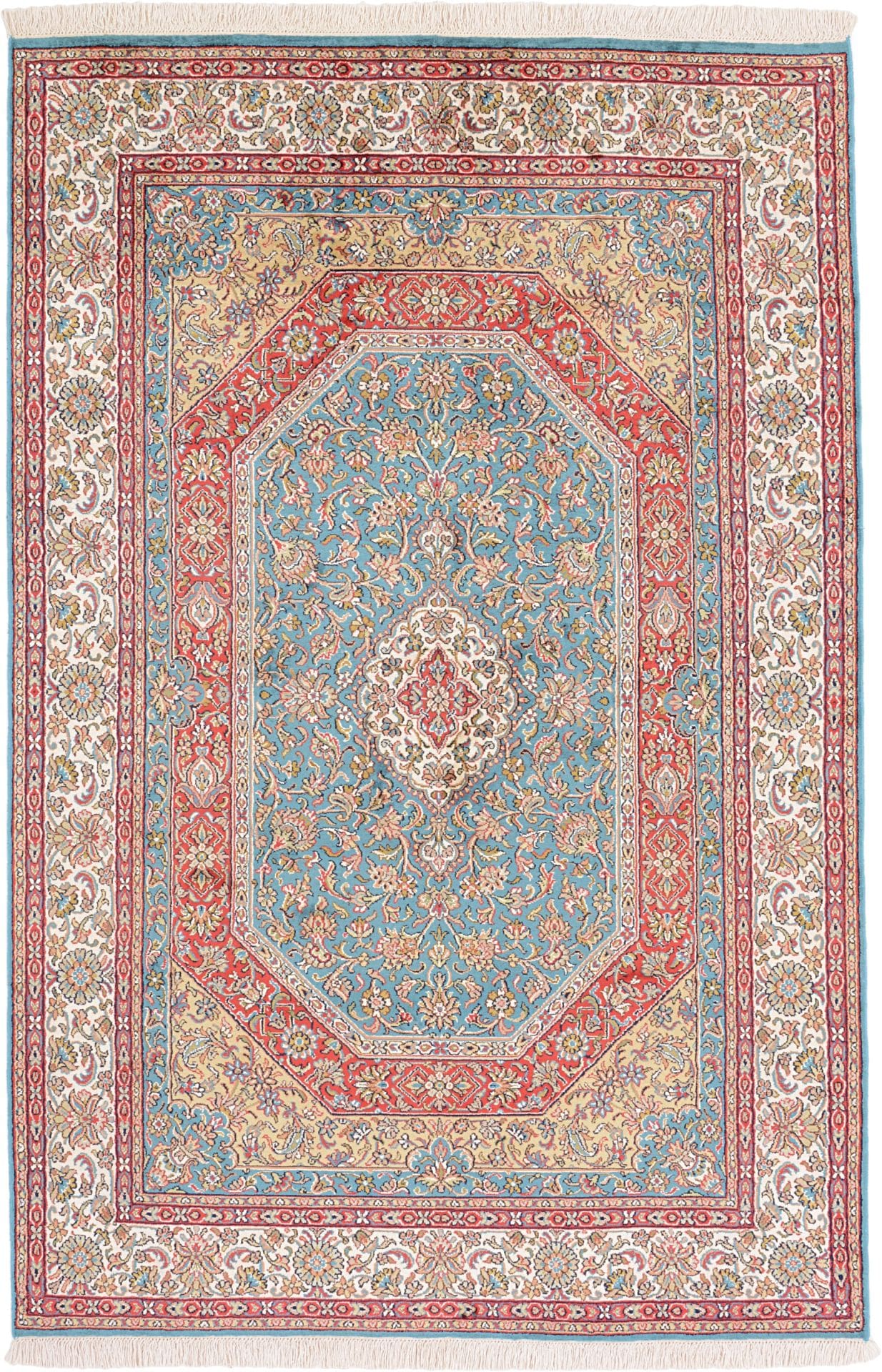 Kashmirseide Teppich 123 x 186cm, edles Pastell, handgeknüpft