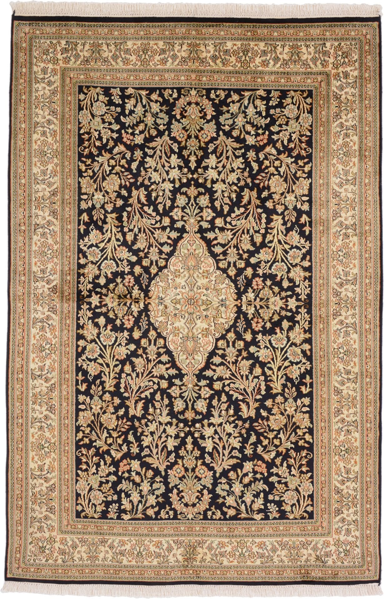 Kashmirseide Teppich 124 x 185 cm, persisches Muster, handgeknüpft