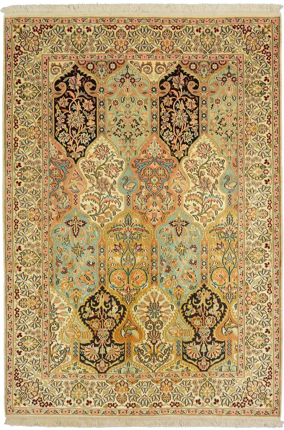 Kashmirseide Teppich 128 x 183cm, edles Pastell, handgeknüpft