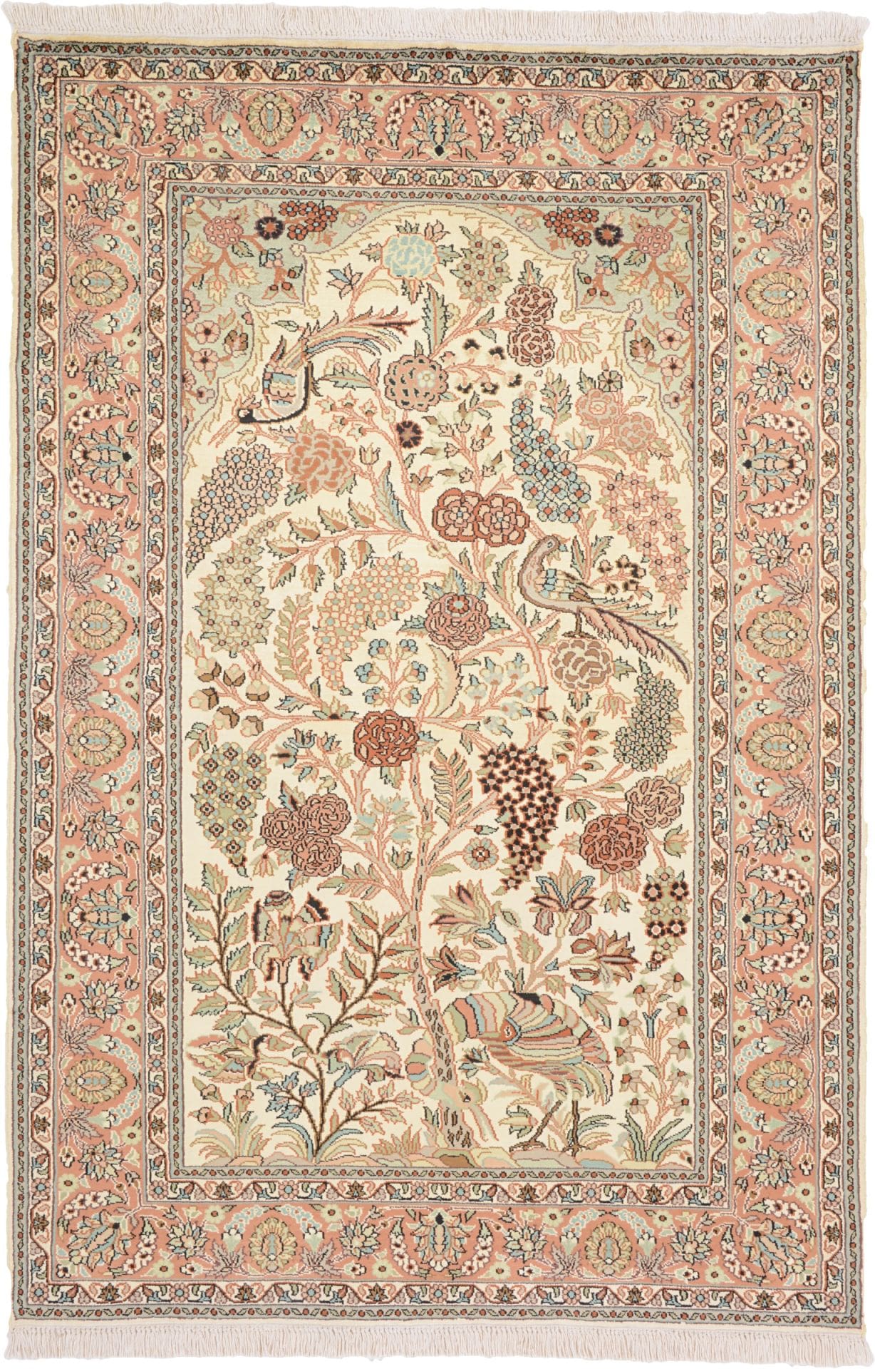 Kashmirseide Teppich 128 x 189 cm, edles Pastellmuster, handgeknüpft