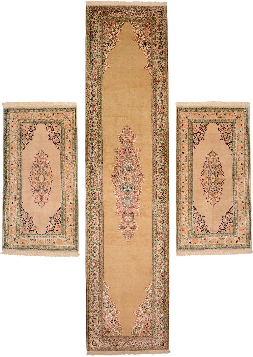 Kashmirseide Teppich 84 x 337cm, edles persisches Muster, handgeknüpft