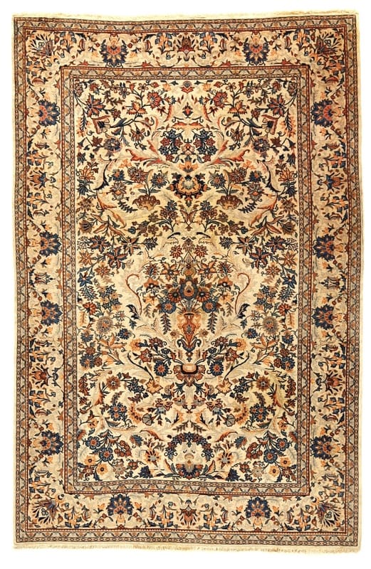 Keshan Orientteppich 209x133 cm – Handgeknüpft, florale Muster, Creme-Blau