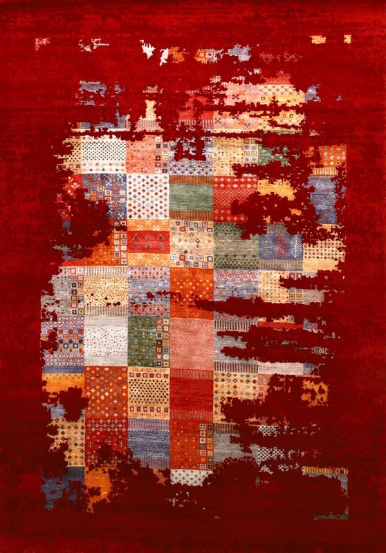 Loribaft-Teppich 247x169 cm: Feuerrot Patchwork, handgeknüpft