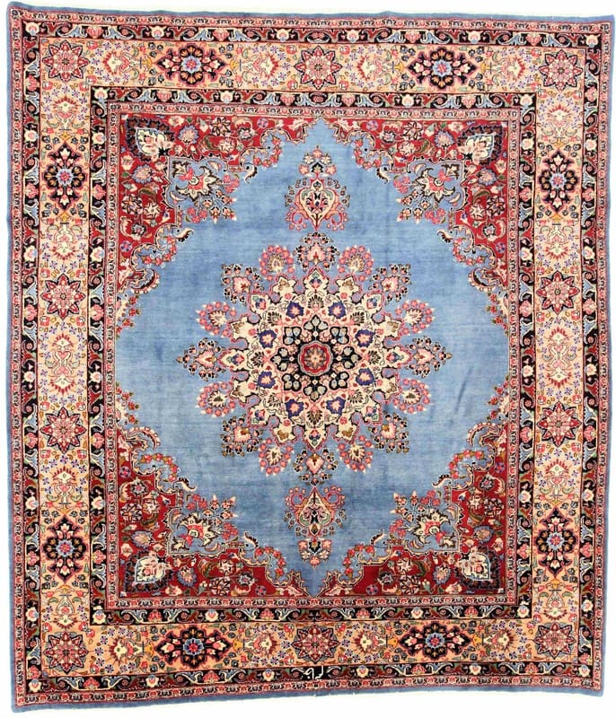 Maschhad Teppich 292x258 cm, rot-blau, handgeknüpft, Perserteppich