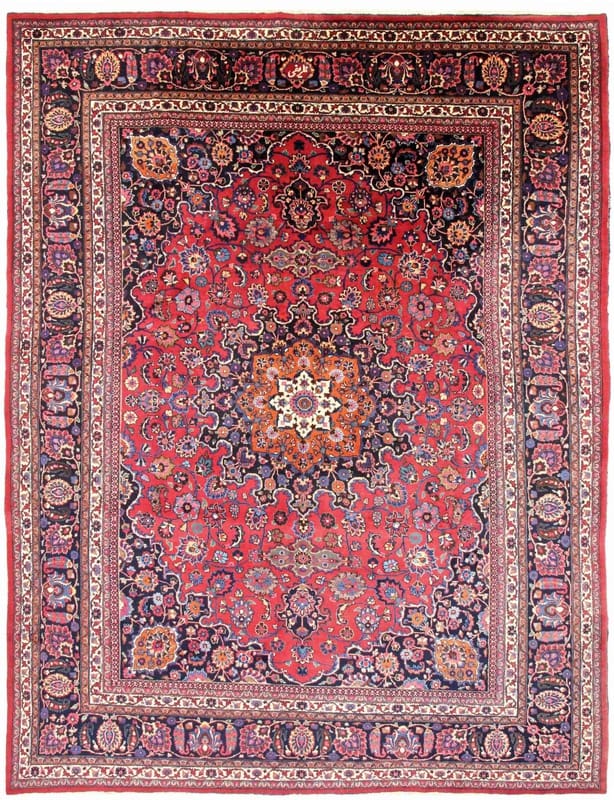 Maschhad Teppich 402x303 cm, rot-blau, handgeknüpft, Perserteppich