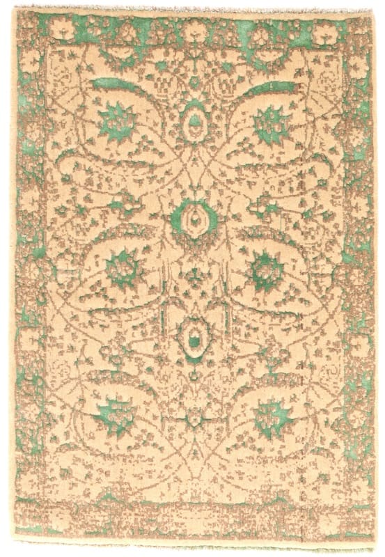 Moderner Orientteppich 139x95 cm, Beige-Grün, handgeknüpft