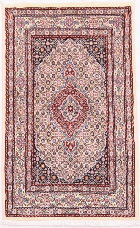 Moud-Teppich 129x81 cm, Medaillon-Muster, handgeknüpft, Perserteppich