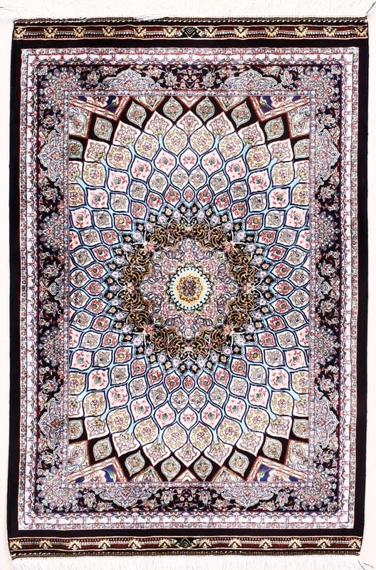 Orientteppich 92x61 cm Ghom Design – Kunstseide in Blau/Türkis, handgeknüpft