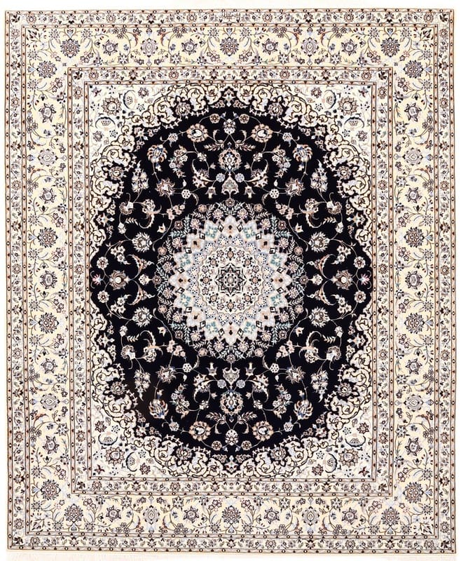 Orientteppich Nain 6La 256x211 cm, Blau-Weiß, Wolle & Seide, handgeknüpft