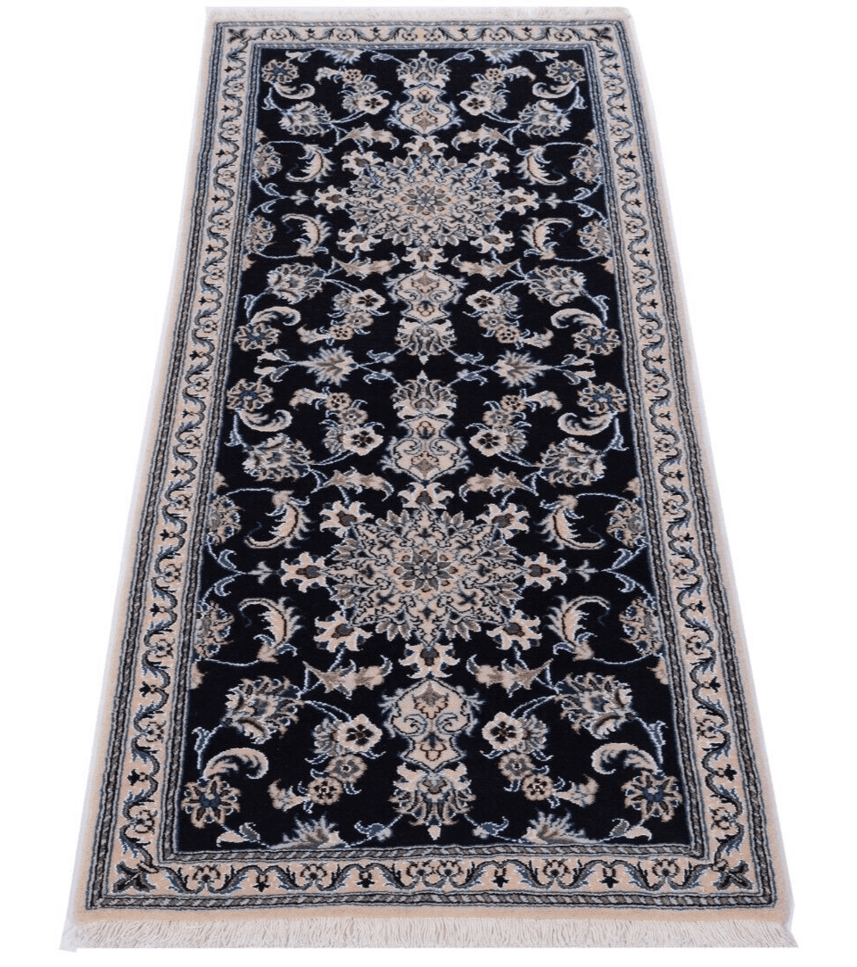 Orientteppich Nain Läufer 204x78 cm, 300.000 Knoten, floral, blau, handgeknüpft