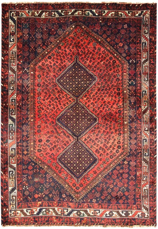 Orientteppich Shiraz 287x206 cm – Rot mit Bergamotten-Motiven, handgeknüpft