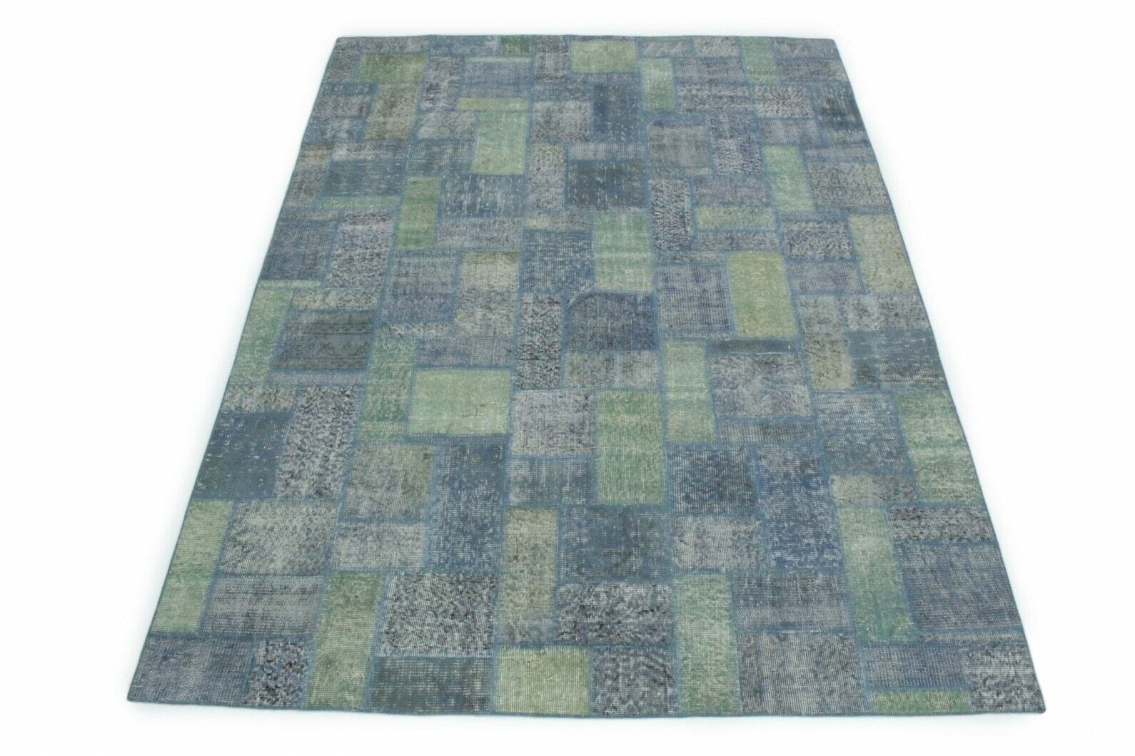 Patchwork Orientteppich 3x2,1m Grau Grün Blau – handgeknüpft