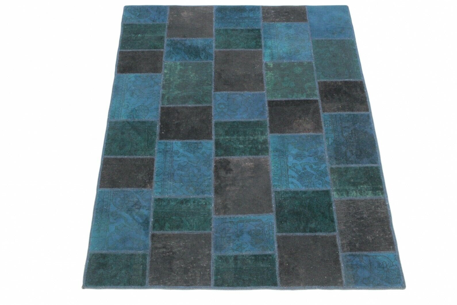 Patchwork Teppich 200x151cm Blau Türkis Braun – handgeknüpft