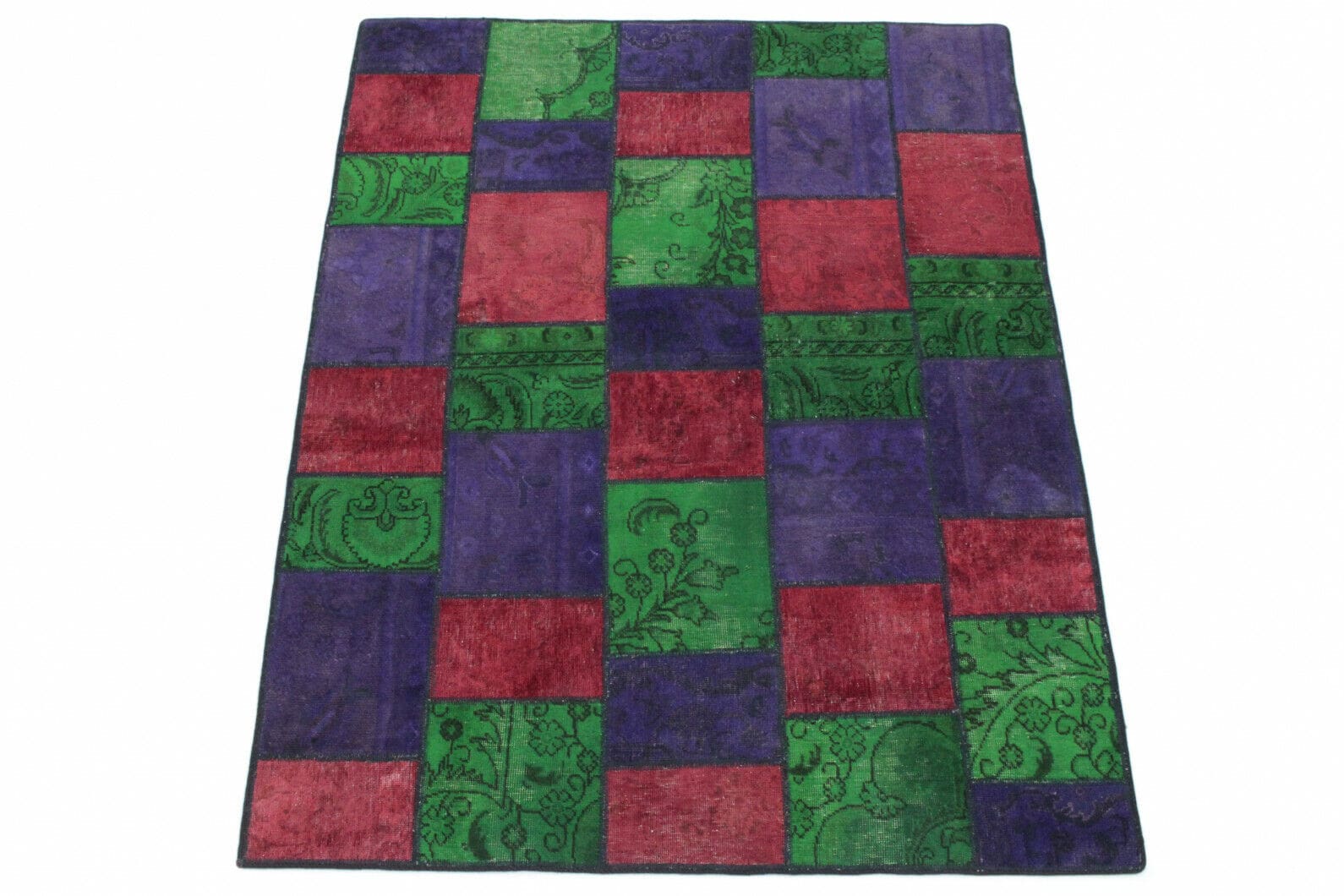 Patchwork Teppich 200x151cm Grün Lila Rot – handgeknüpft