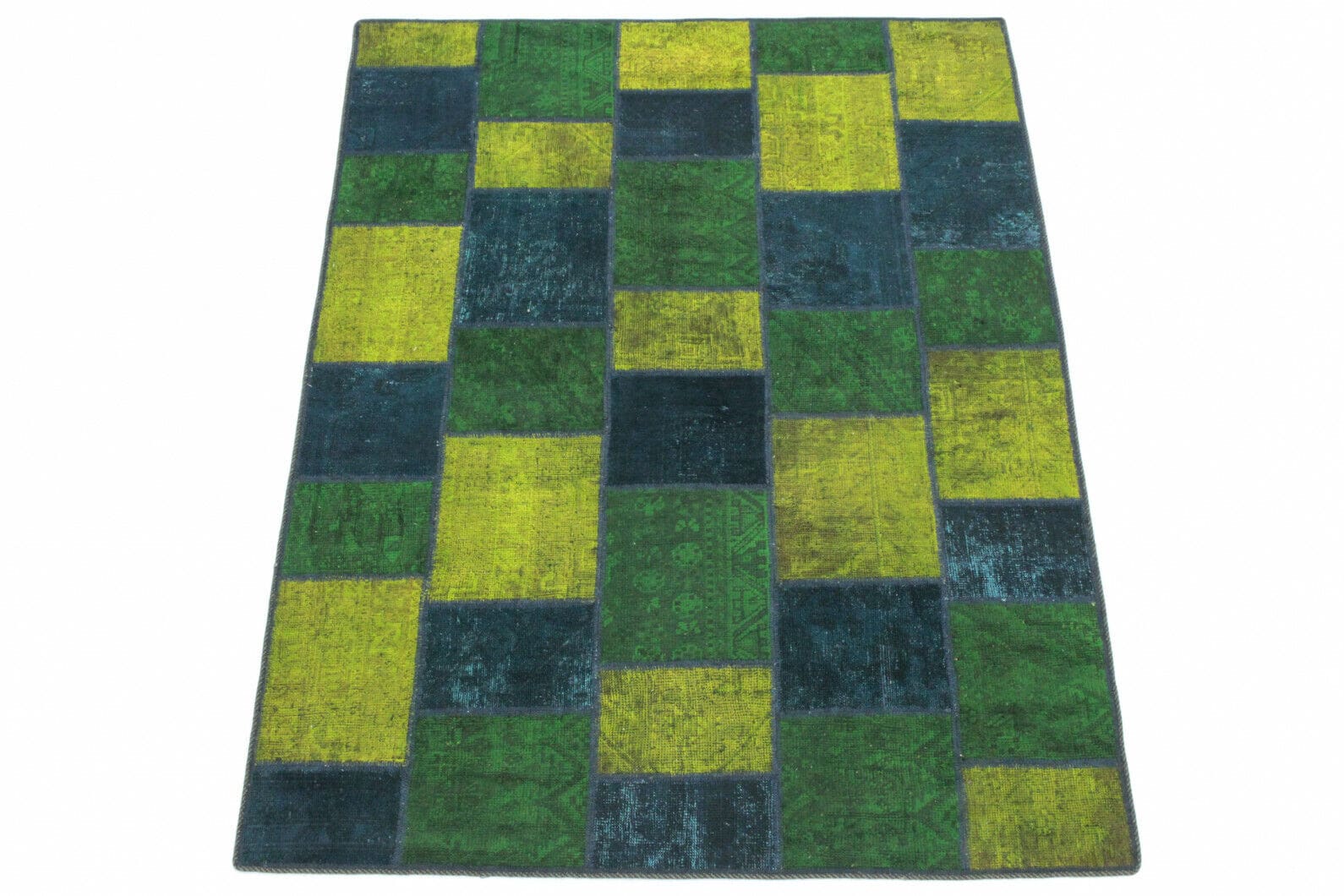 Patchwork Teppich 203x151cm Türkis Grün Gelb - handgeknüpft