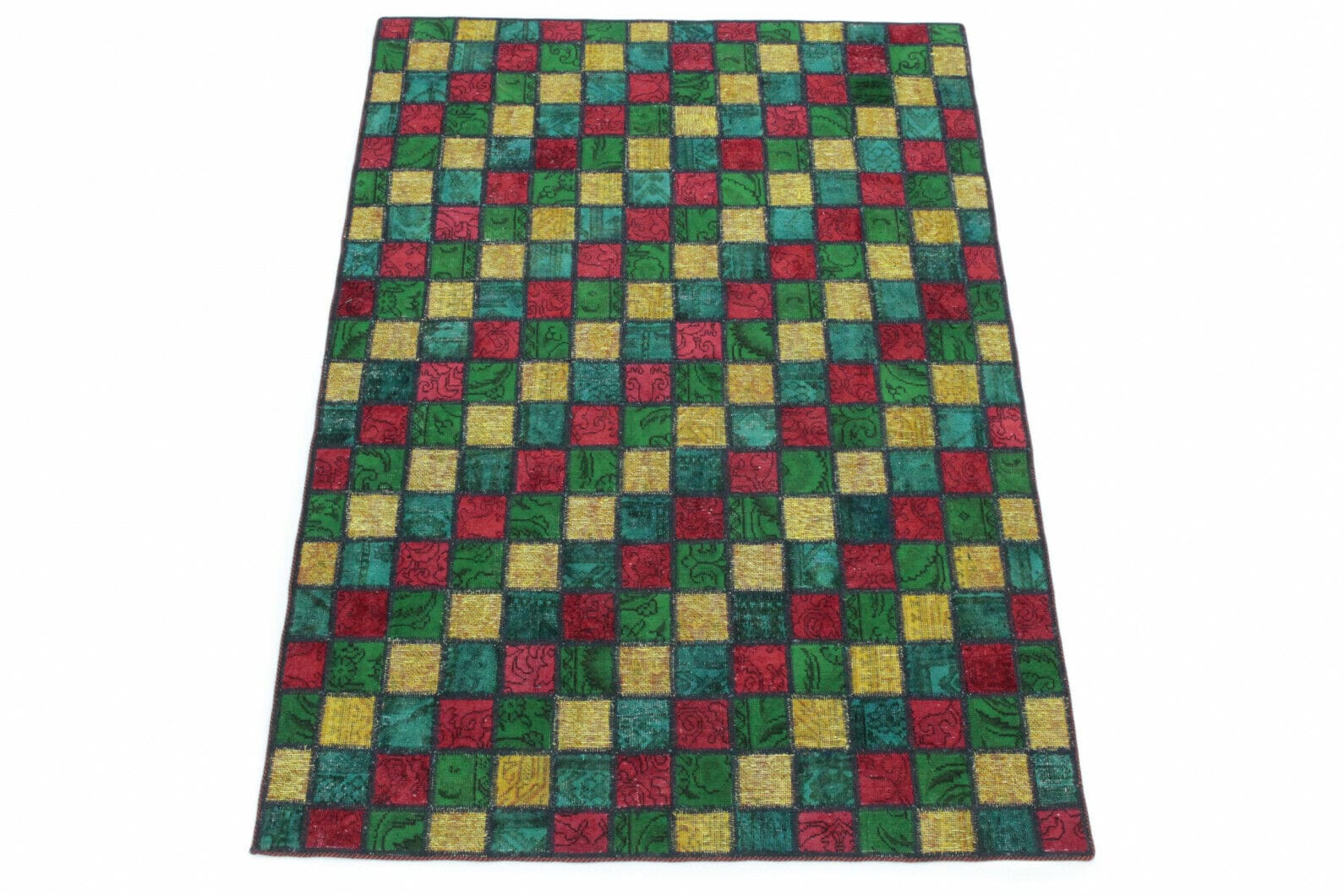 Patchwork Teppich 212x151 cm Rot Gelb Türkis Grün handgeknüpft
