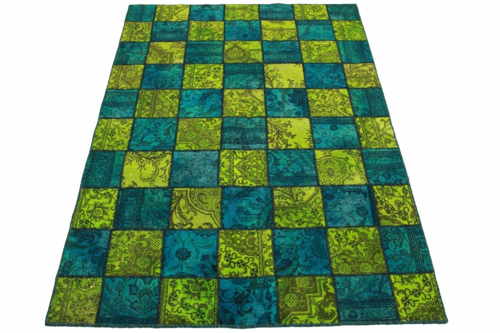 Patchwork Teppich 253x171cm grün-blau, handgeknüpft, Designer-Teppich
