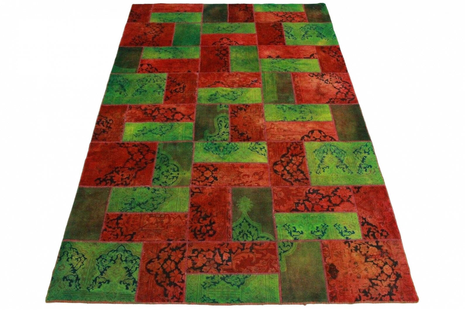 Patchwork Teppich 310x221cm grün rot, handgeknüpft, Designer-Teppich