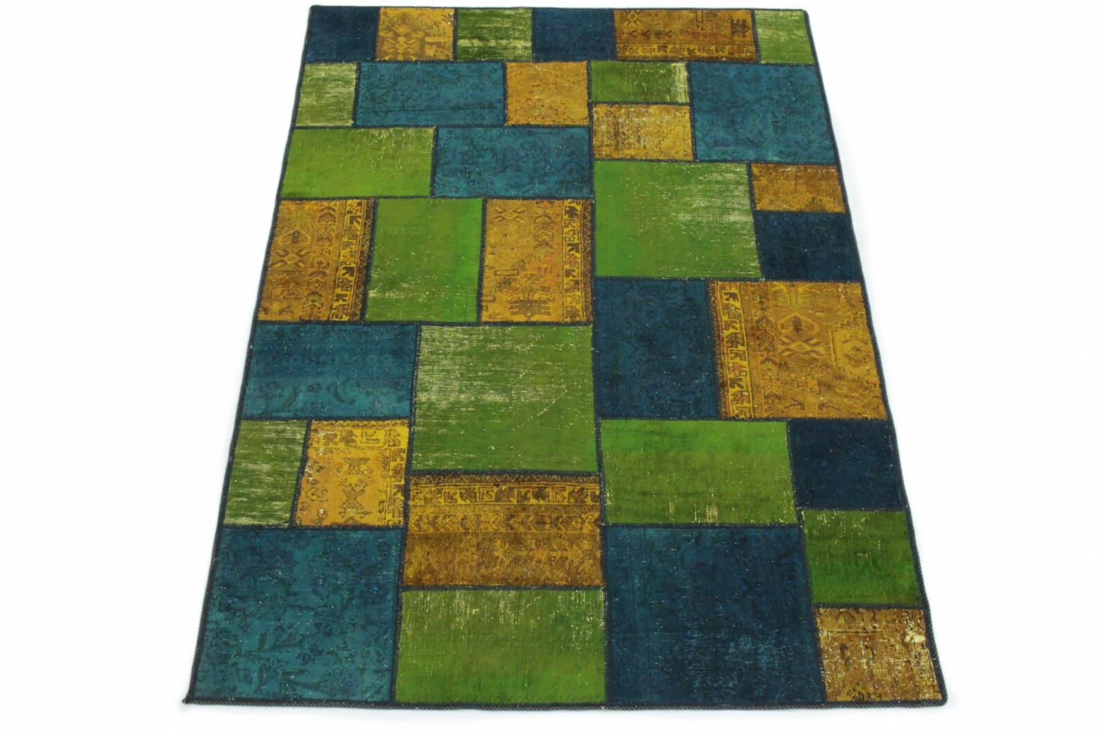 Patchwork Teppich Blau Grün Orange 240x160 cm, handgeknüpft