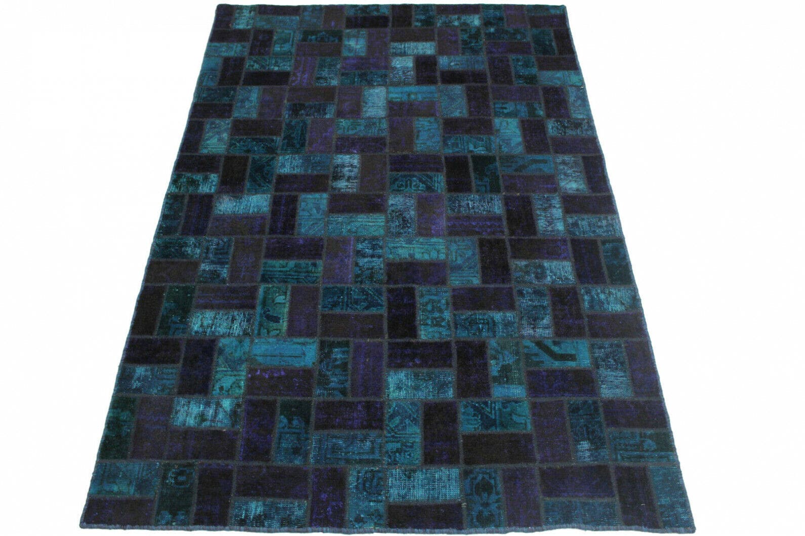 Patchwork Teppich Lila Blau 249x161cm, handgeknüpft, Orientteppich