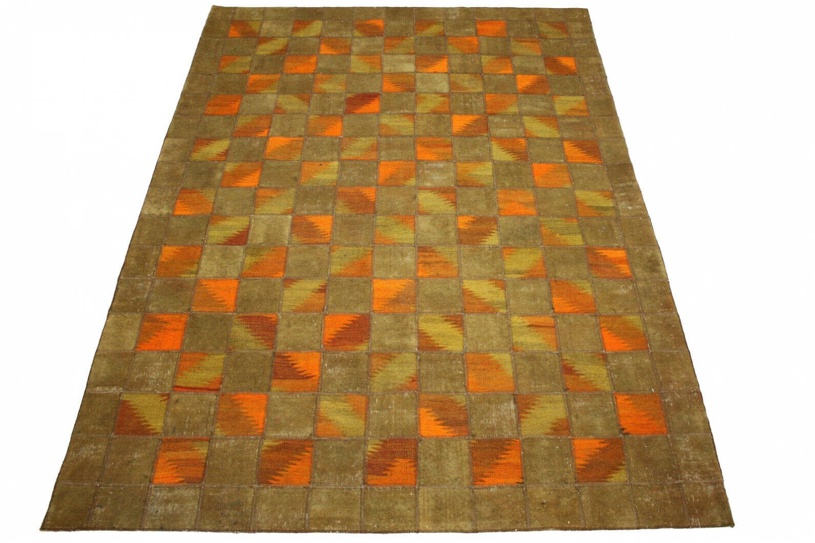 Patchwork Teppich Orange Braun 275x196cm – handgeknüpft Orientteppich
