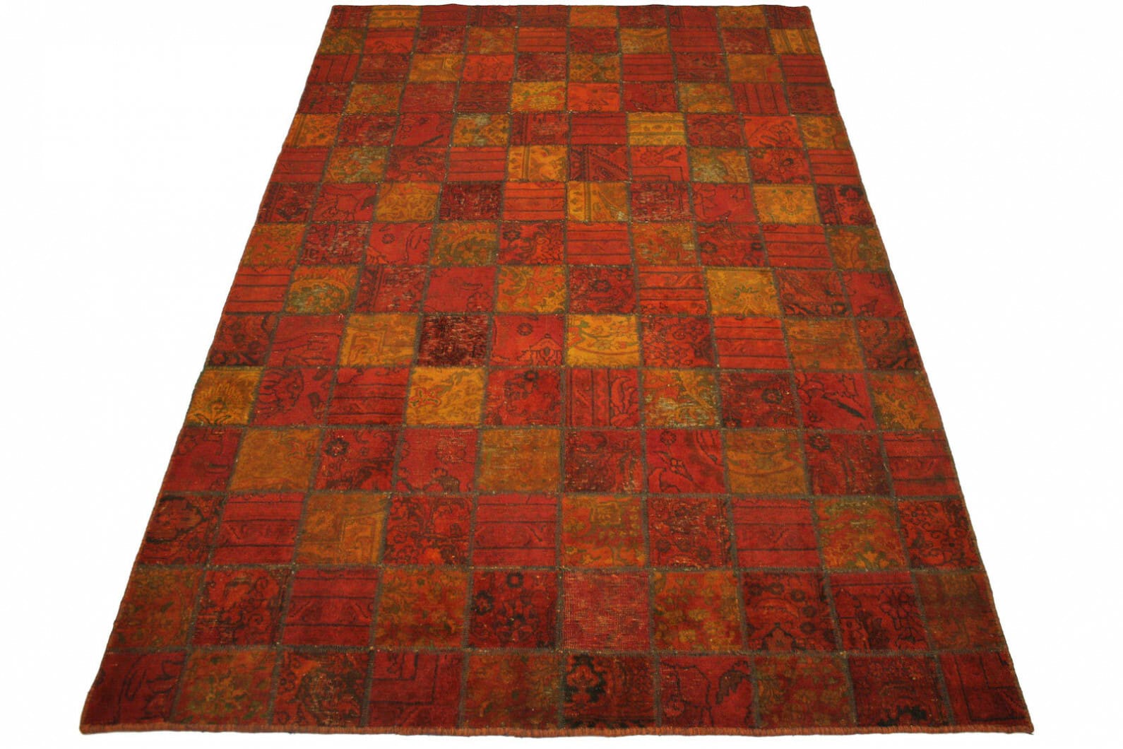 Patchwork Teppich Orange Rot 307x198cm – handgeknüpft Orientteppich