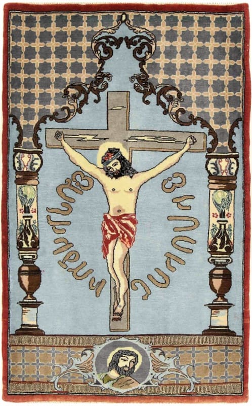 TeppichBazar Ghom Teppich 93x57 cm – Handgeknüpftes Kunstwerk, Kreuzigung